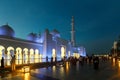 The Sheikh Zayed Grand Mosque in the evening with beautiful outdoor lighting
