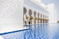 Sheikh Zayed Mosque Right Corridor with Pool, The Great Marble Grand Mosque at Abu Dhabi, UAE