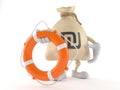 Shekel money bag character holding life buoy isolated on white background Royalty Free Stock Photo