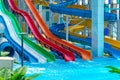 Shekvetili, Georgia - 29.05.2019: Aquapark sliders with pool in hotel Paragraph. Georgia