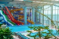 Shekvetili, Georgia - 29.05.2019: Aquapark sliders with pool in hotel Paragraph. Georgia