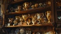 a shelf adorned with gleaming golden trophies, each representing a significant achievement and dedication.