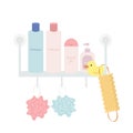 Shelf with bath accessories. Personal hygiene products. Soap, shower gel, shampoo, bath sponge. Royalty Free Stock Photo