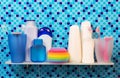 Shelf in the bathroom with toothbrush and other hygiene products Royalty Free Stock Photo