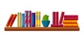 Shelf with book piles. Collection of books and a potted cactus in cartoon style. Vector illustration Royalty Free Stock Photo