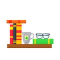 Shelf with books, a cup of tea and glasses on a white background. Vector illustration Royalty Free Stock Photo