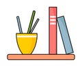 Shelf with books and stationery glass with pens on the wall isolated on the white background Royalty Free Stock Photo