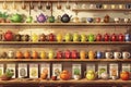 A shelf brimming with a colorful array of pots and pans, each one reflecting a different size, shape, and purpose in the Royalty Free Stock Photo