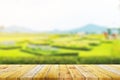 Shelf of Brown wood plank board with blurred green rice field farm with mountain and hut nature background