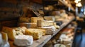 A shelf of a bunch of different types of cheese on display, AI Royalty Free Stock Photo