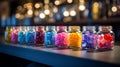 AI Generated. On the shelf of a candy store there are many glass jars filled with heart-shaped candies of different colors. Royalty Free Stock Photo