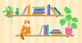 Shelf cartoon book cat home plants library vector Royalty Free Stock Photo