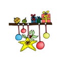 Shelf with Christmas presents. Colored illustration on white