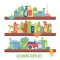 Shelf with Cleaning supplies. Concept illustration for shop with sanitary objects. Equipment of housecleaning. Vector Royalty Free Stock Photo