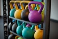 shelf with colorful fitness dumbbells, healthy sport lifestyle Generative AI