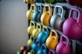 shelf with colorful fitness dumbbells, healthy sport lifestyle Generative AI