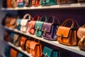 Shelf with colorful handbags in store Royalty Free Stock Photo