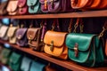 Shelf with colorful handbags in store Royalty Free Stock Photo