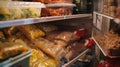 A shelf in a deep freezer cluttered with various packages of frozen leftovers and meals