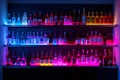 Shelf filled with lots of bottles of different types of alcohol in different colors. Generative AI