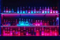 Shelf filled with lots of bottles of different types of alcohol in different colors. Generative AI