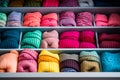 Shelf filled with lots of different colored yarns and hats. Generative AI
