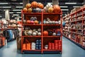 A shelf filled with lots of different types of sports equipment in sports big store