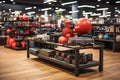 A shelf filled with lots of different types of sports equipment in sports big store