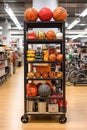 A shelf filled with lots of different types of sports equipment in sports big store