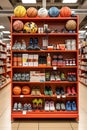 A shelf filled with lots of different types of sports equipment in sports big store