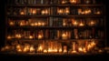 a shelf filled with lots of lit candles next to a bookshelf filled with lots of books and bookshelves filled with books