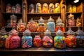 A shelf filled to the brim with a wide variety of candies, offering a delectable sugar rush for all candy lovers, Old-fashioned