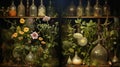 A shelf filled with vases filled with different types of flowers. AI.