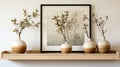 A shelf with a framed picture and four vases Royalty Free Stock Photo