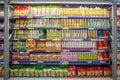 A shelf of Chinese noodles in a supermarket