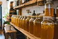 A shelf full of bottles of honey Royalty Free Stock Photo