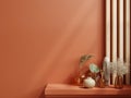 Shelf mockup in modern empty room,dark orange wall Royalty Free Stock Photo