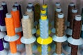 Shelf with multi-colored skeins of thread