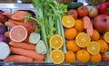 Shelf with ripe fruits and vegetables