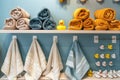 shelf with rubber ducks and hooded baby towels