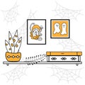 A shelf of spell books, a portrait of ghosts, a magic house. Halloween. Interior illustration. Hand drawn vector