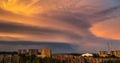 Shelf storm clouds with intense tropic rain, aerial panorama of a storm Royalty Free Stock Photo