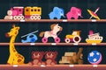 Shelf with toys. Cartoon shop shelves with colorful kid toys, various transport animals and puzzles. Vector children