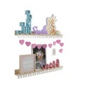 Shelf with varied decorations 3D rendering, multi-colored accents