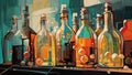 Shelf with various colorful bottles, wall art style. Generative AI Royalty Free Stock Photo