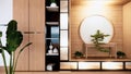 The Shelf wall design zen interior of living room japanese style.3d rendering Royalty Free Stock Photo