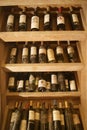 Shelf in wine cellar with old and dusty wine bottles Royalty Free Stock Photo