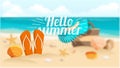 Shell on the beach, shale sand, sea, ocean, Sunburst lettering. Vector illustration