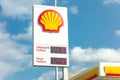 Shell gas station banner with a company logo andfuels provided with their prices