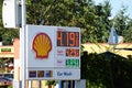 Shell gas station sign with expensive gasoline prices Royalty Free Stock Photo